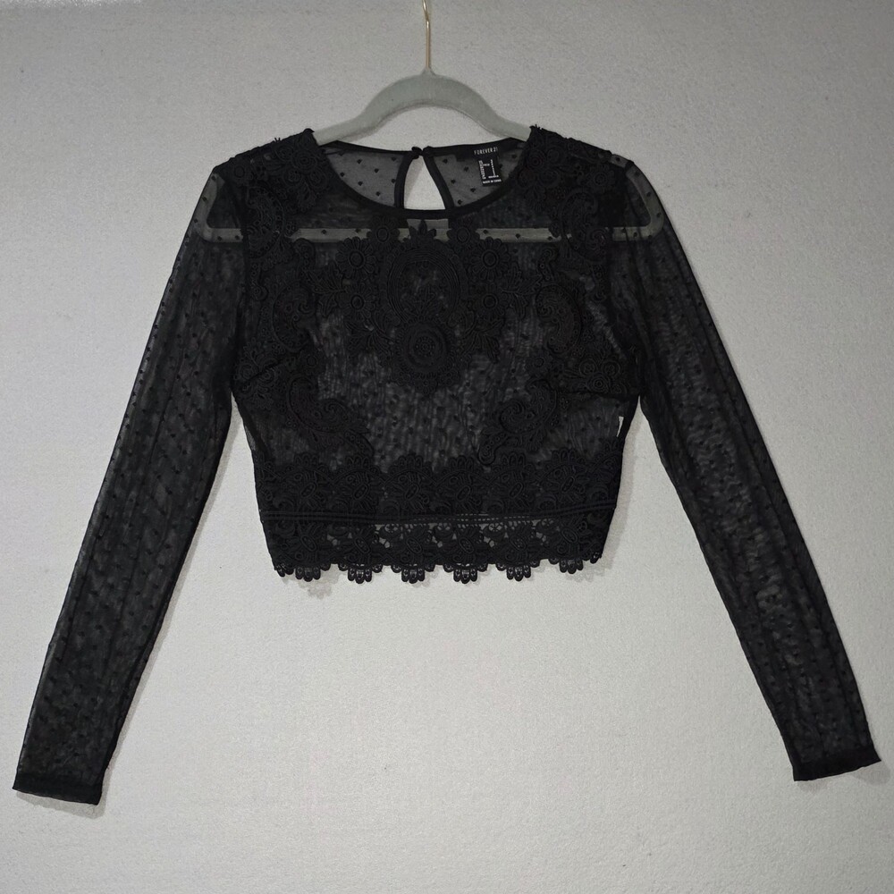 Black Lace Mesh Whimsigoth Crop Top - Size Small